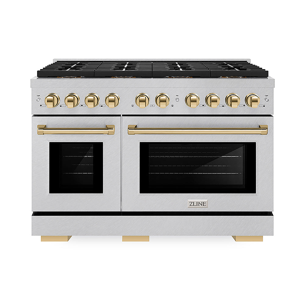 ZLINE Autograph Edition Paramount 48-inch range in satin stainless steel and polished gold accents PSGRSZ-48-G, front view