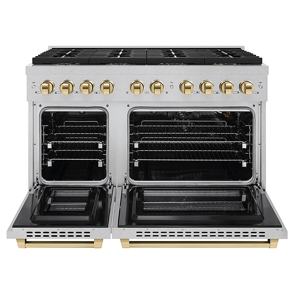 ZLINE Autograph Edition Paramount 48-inch range in satin stainless steel and polished gold accents PSGRSZ-48-G, front view