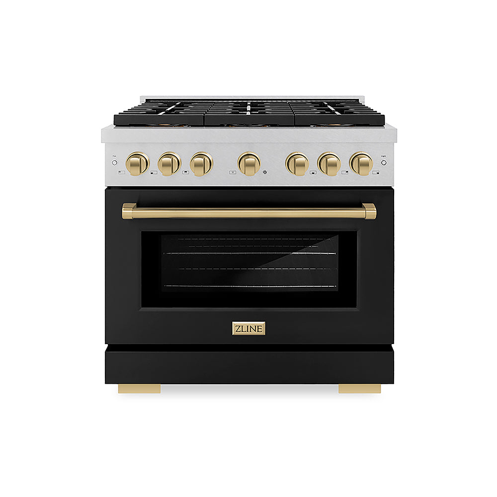 ZLINE Autograph Edition Paramount 36-inch range in satin stainless steel with black matte door and champagne bronze accents PSDRSZ-BLM36-CB, front view