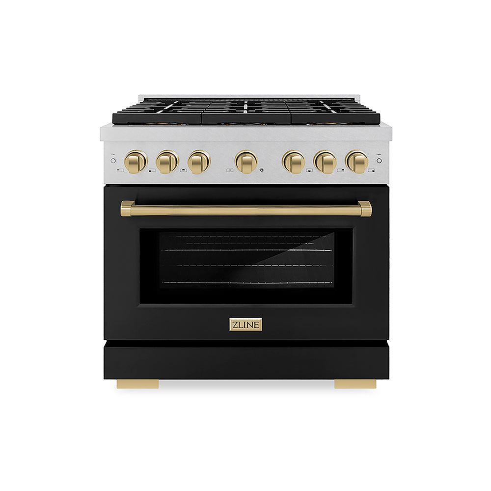 ZLINE Autograph Edition Paramount 36-inch range in satin stainless steel with black matte door and champagne bronze accents PSGRSZ-BLM36-CB, front view