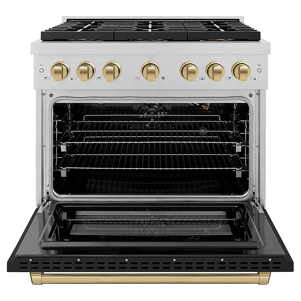 ZLINE Autograph Edition Paramount 36-inch range in satin stainless steel with black matte door and champagne bronze accents PSGRSZ-BLM36-CB, front view