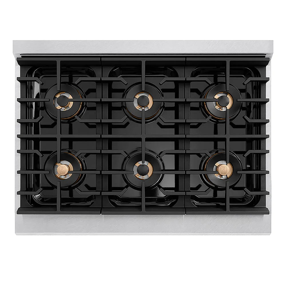 ZLINE Autograph Edition Paramount 36-inch range in satin stainless steel with black matte door and polished gold accents PSGRSZ-BLM36-G, from above