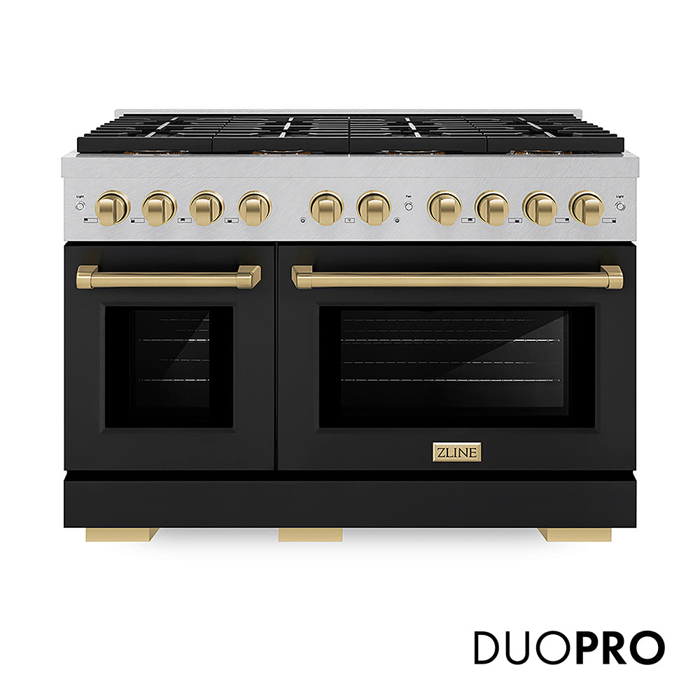 ZLINE Autograph Edition Paramount 48-inch range in satin stainless steel with black matte door and champagne bronze accents PSDRSZ-BLM48-CB