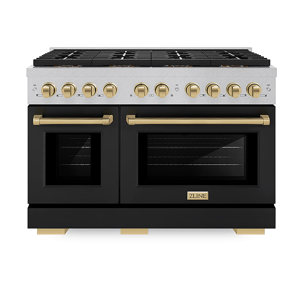 ZLINE Autograph Edition Paramount 48-inch range in satin stainless steel with black matte door and champagne bronze accents PSDRSZ-BLM48-CB, front view