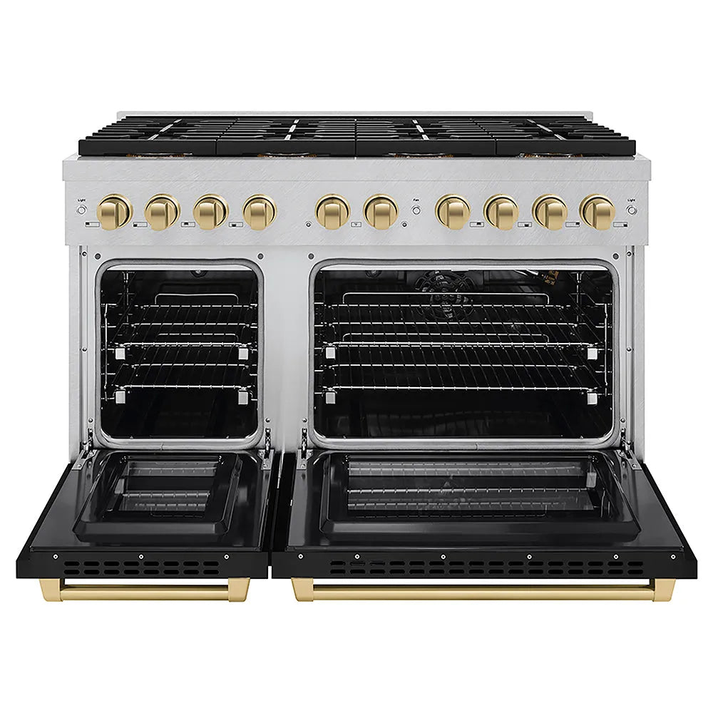 ZLINE Autograph Edition Paramount 48-inch range in satin stainless steel with black matte door and champagne bronze accents PSDRSZ-BLM48-CB, front view