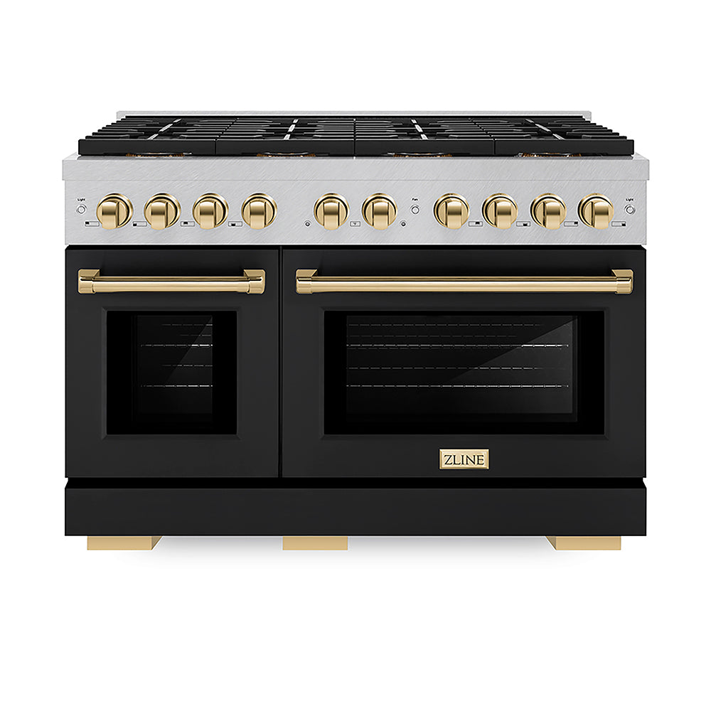 ZLINE Autograph Edition Paramount 48-inch range in satin stainless steel with black matte door and polished gold accents PSGRSZ-BLM48-G, front view