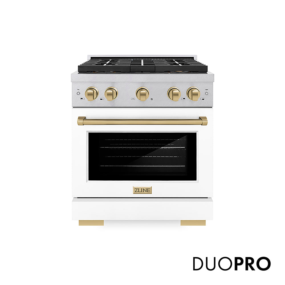 ZLINE Autograph Edition Paramount 30-inch range in satin stainless steel with white matte door and champagne bronze accents PSGRSZ-WM-30-CB