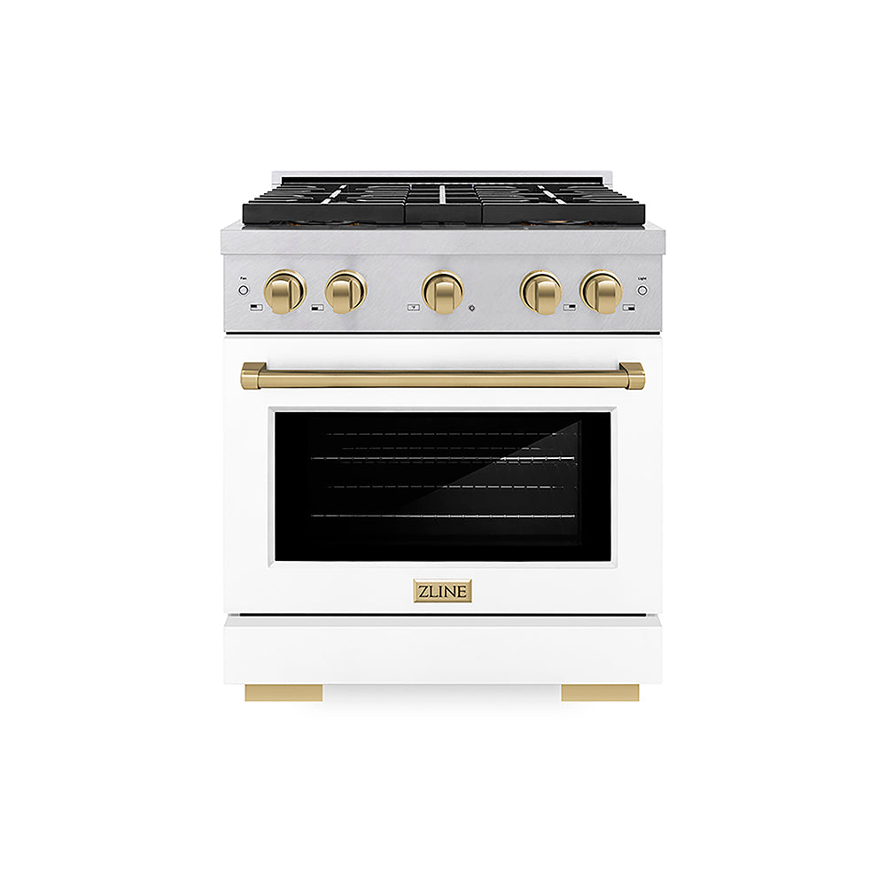 ZLINE Autograph Edition Paramount 30-inch range in satin stainless steel with white matte door and champagne bronze accents PSGRSZ-WM-30-CB, front view
