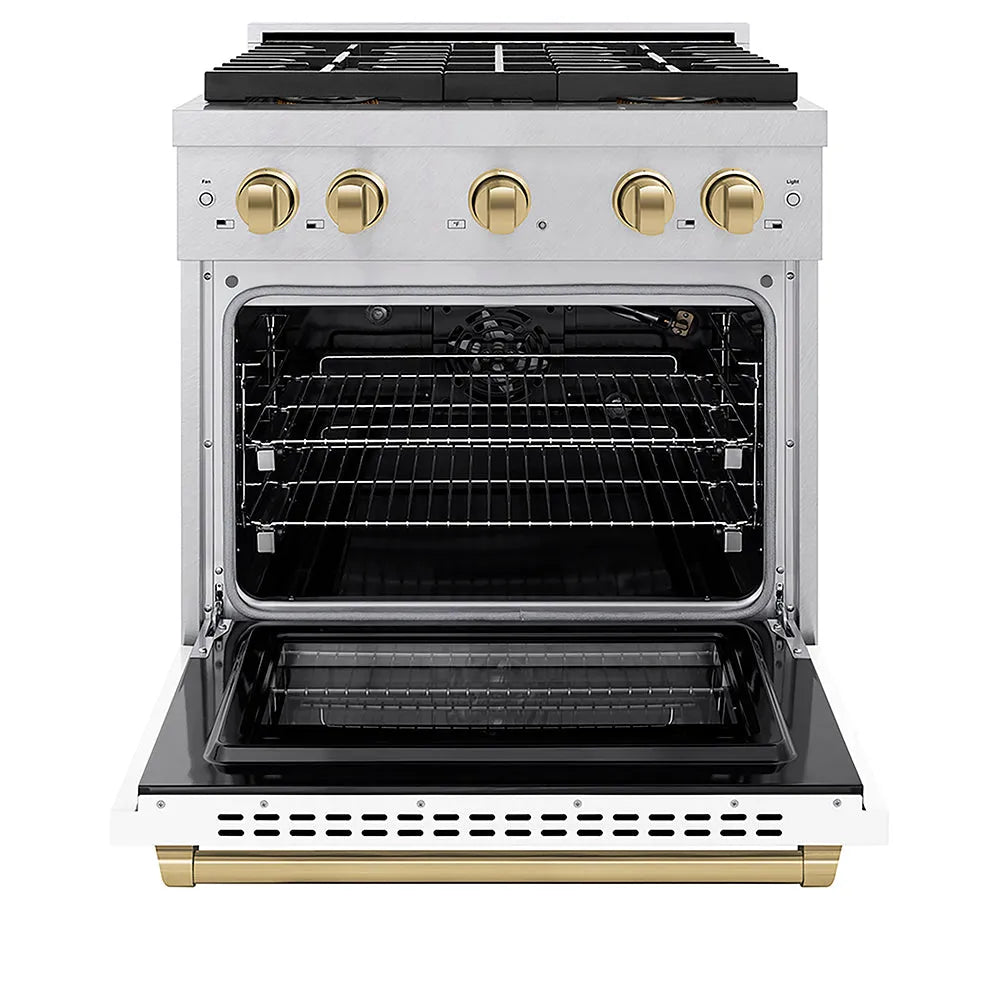 ZLINE Autograph Edition Paramount 30-inch range in satin stainless steel with white matte door and champagne bronze accents PSGRSZ-WM-30-CB, front view