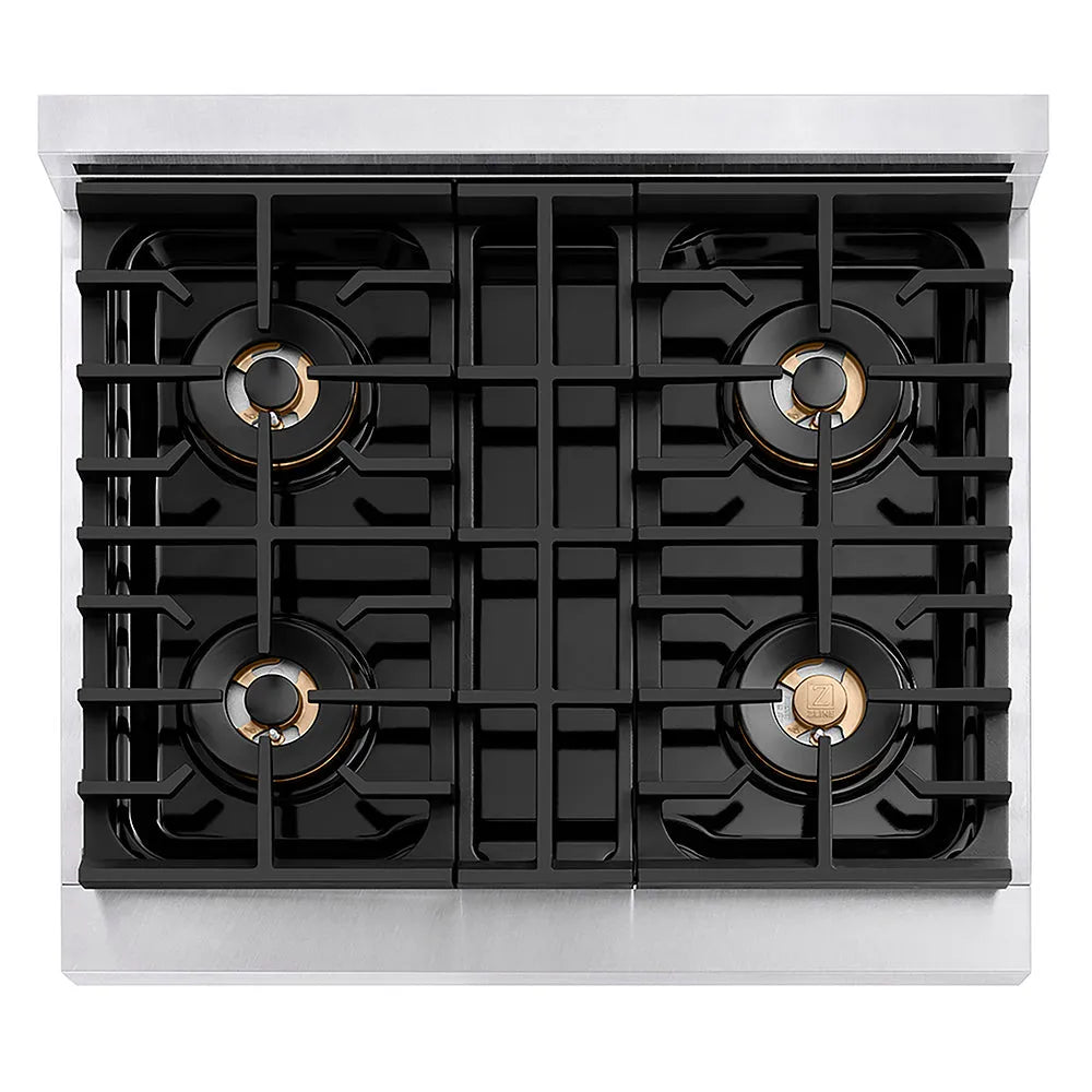 ZLINE Autograph Edition Paramount 30-inch range in satin stainless steel with white matte door and champagne bronze accents PSGRSZ-WM-30-CB, front view
