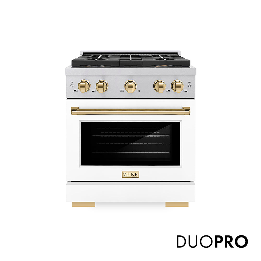 ZLINE Autograph Edition Paramount 30-inch range in satin stainless steel with white matte door and polished gold accents PSGRSZ-WM-30-G