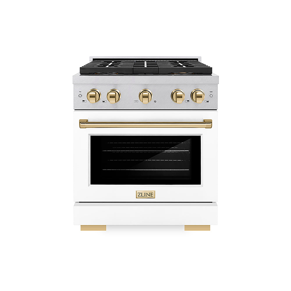 ZLINE Autograph Edition Paramount 30-inch range in satin stainless steel with white matte door and polished gold accents PSGRSZ-WM-30-G, front view