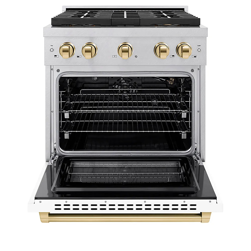 ZLINE Autograph Edition Paramount 30-inch range in satin stainless steel with white matte door and polished gold accents PSGRSZ-WM-30-G, front view