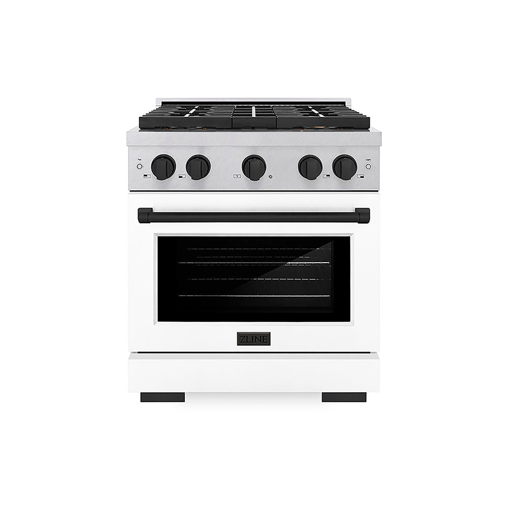 ZLINE Autograph Edition Paramount 30-inch range in satin stainless steel with white matte door and matte black accents PSGRSZ-WM-30-MB, front view