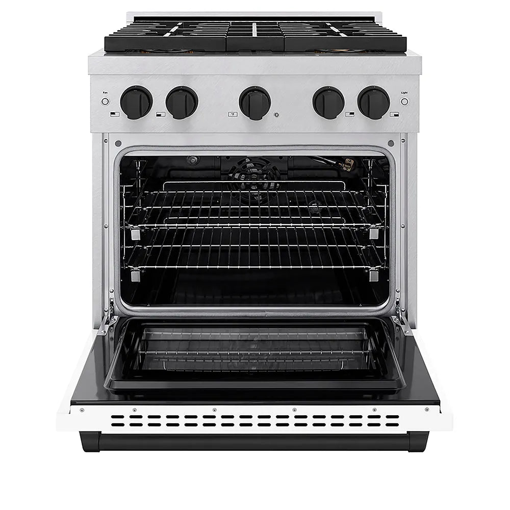ZLINE Autograph Edition Paramount 30-inch range in satin stainless steel with white matte door and matte black accents PSGRSZ-WM-30-MB, front view
