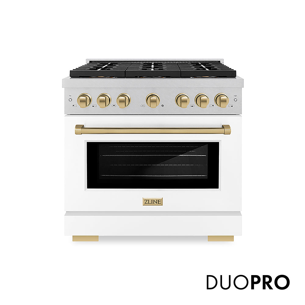 ZLINE Autograph Edition Paramount 36-inch range in satin stainless steel with white matte door and champagne bronze accents PSGRSZ-WM-36-CB