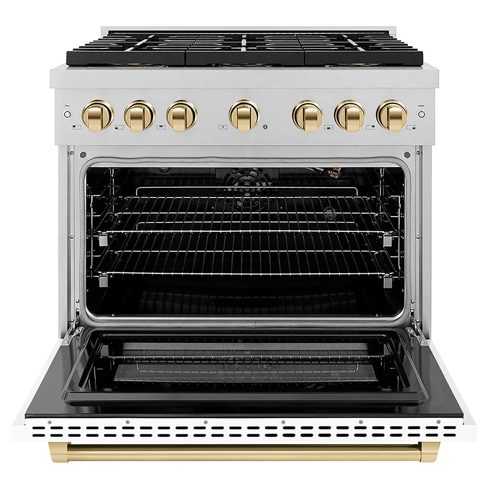 ZLINE Autograph Edition Paramount 36-inch range in satin stainless steel with white matte door and polished gold accents PSGRSZ-WM-36-G, front view