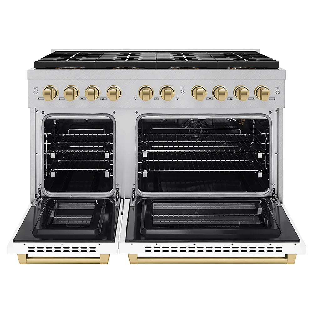 ZLINE Autograph Edition Paramount 48-inch range in satin stainless steel with white matte door and champagne bronze accents PSGRSZ-WM-48-CB, front view