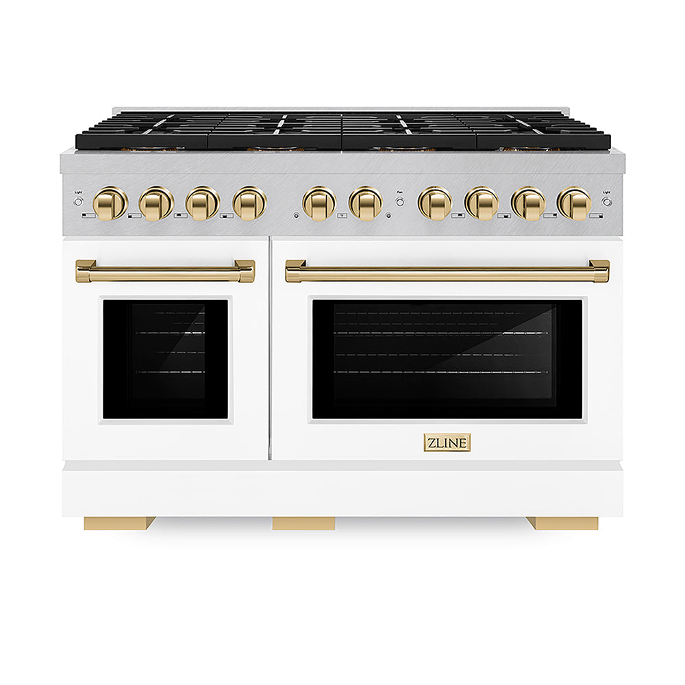 ZLINE Autograph Edition Paramount 48-inch range in satin stainless steel with white matte door and polished gold accents PSGRSZ-WM-48-G, front view