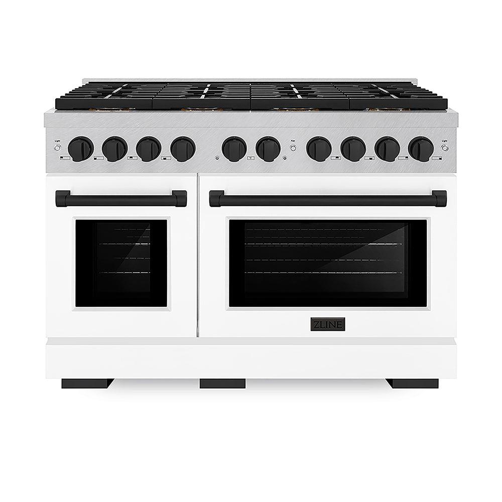 ZLINE Autograph Edition Paramount 48-inch range in satin stainless steel with white matte door and matte black accents PSGRSZ-WM-48-MB, front view