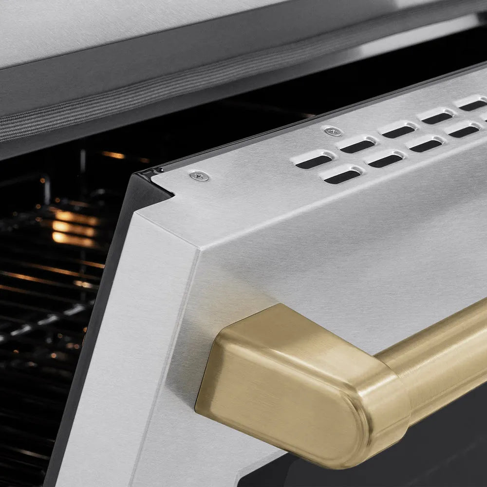 ZLINE Autograph Edition Paramount 24-inch range in satin stainless steel and champagne bronze accents SINRSZ-24-CB, detail