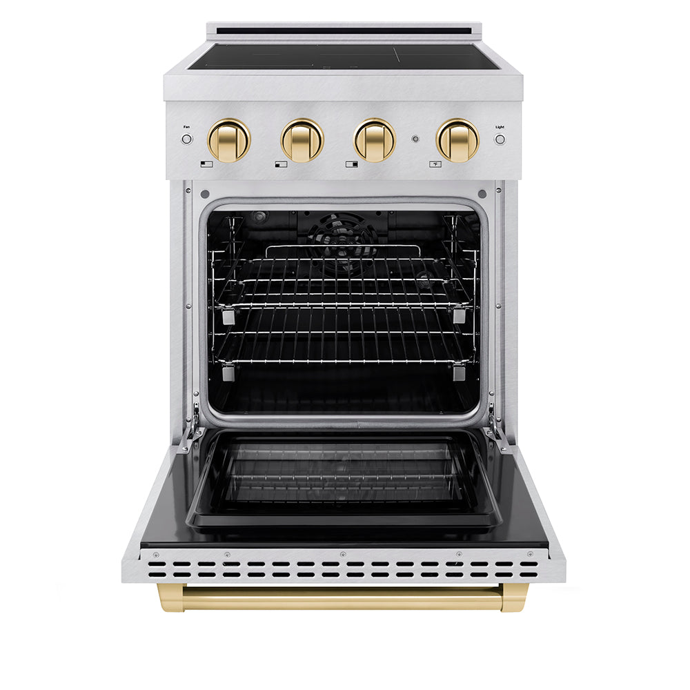 ZLINE Autograph Edition Paramount 24-inch range in satin stainless steel and polished gold accents SINRSZ-24-G, front view