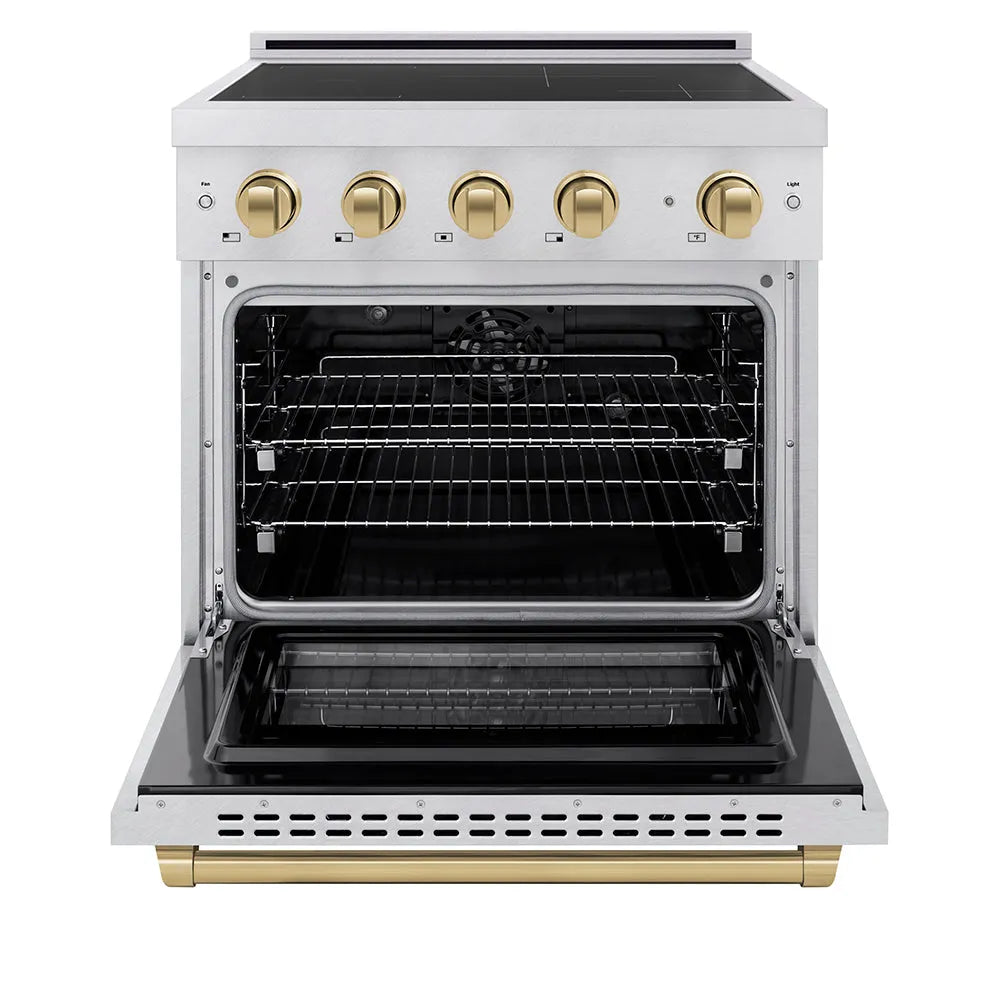 ZLINE Autograph Edition Paramount 30-inch range in satin stainless steel and champagne bronze accents SINRSZ-30-CB, front view