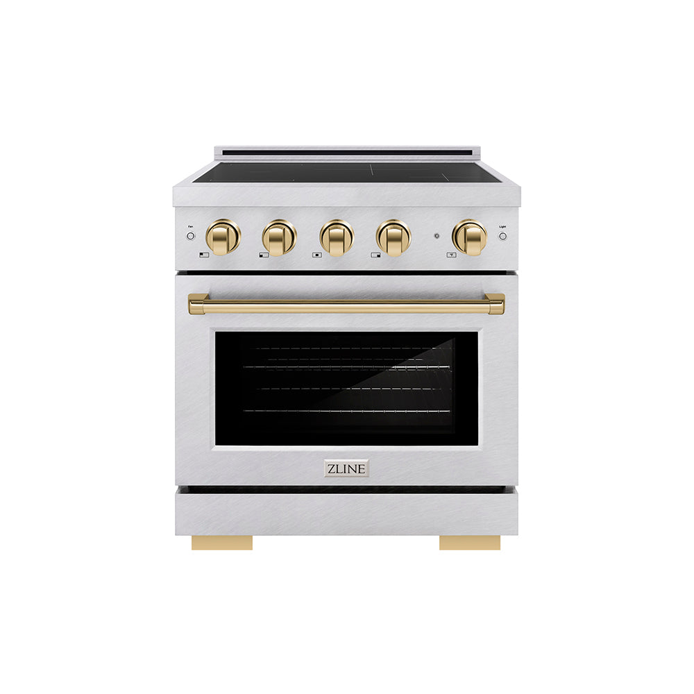 ZLINE Autograph Edition Paramount 30-inch range in satin stainless steel and polished gold accents SINRSZ-30-G