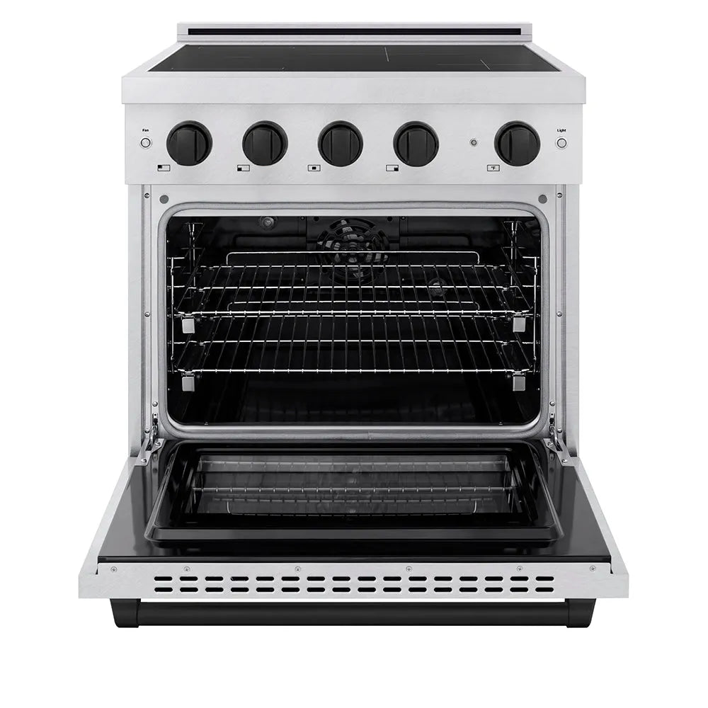 ZLINE Autograph Edition Paramount 30-inch range in satin stainless steel and matte black accents SINRSZ-30-MB, front view