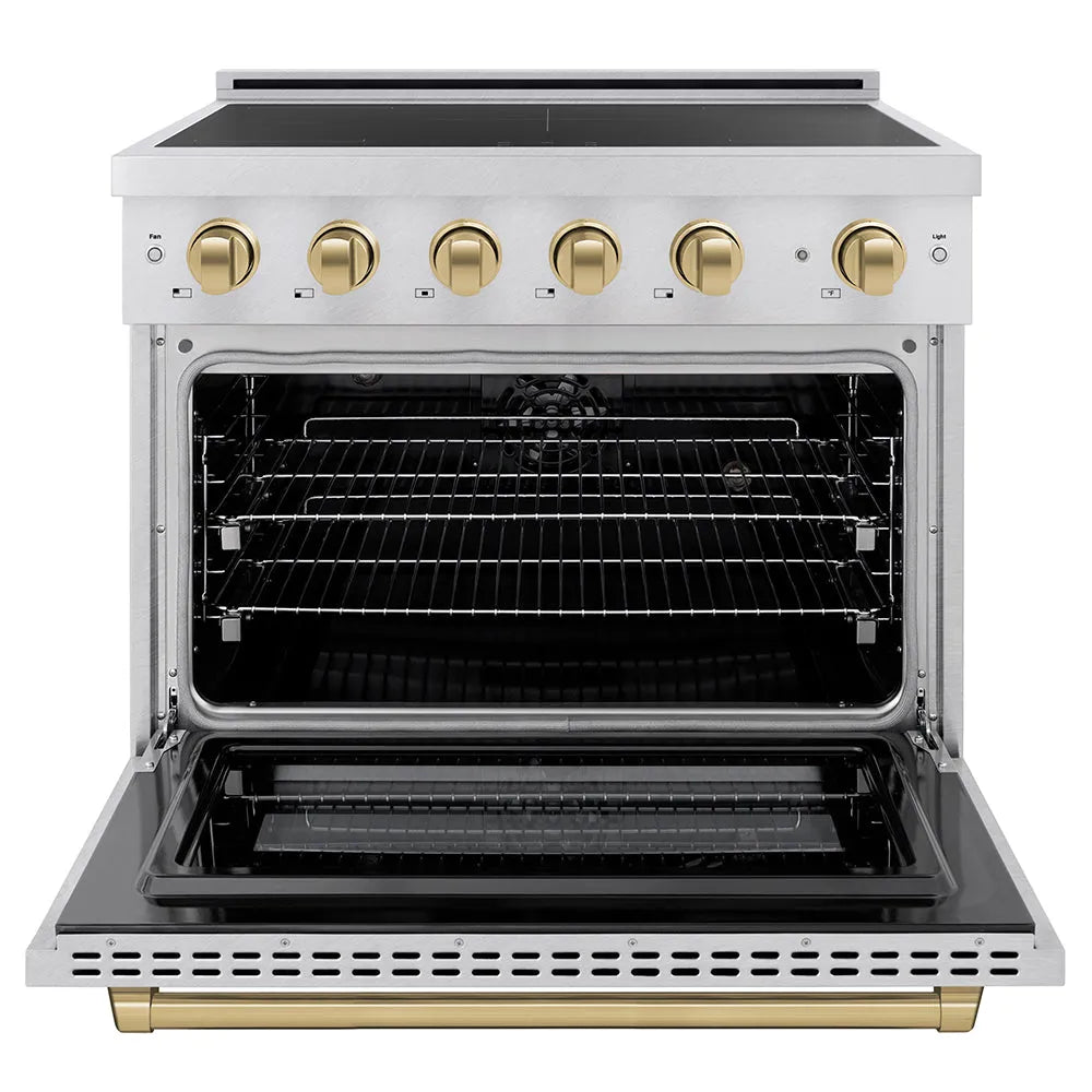 ZLINE Autograph Edition Paramount 36-inch range in satin stainless steel and champagne bronze accents SINRSZ-36-CB, front view