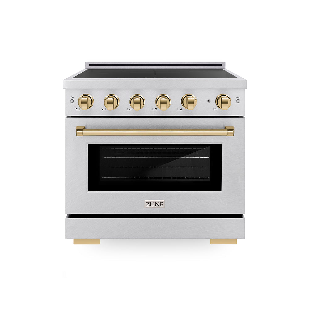 ZLINE Autograph Edition Paramount 36-inch range in satin stainless steel and polished gold accents SINRSZ-36-G