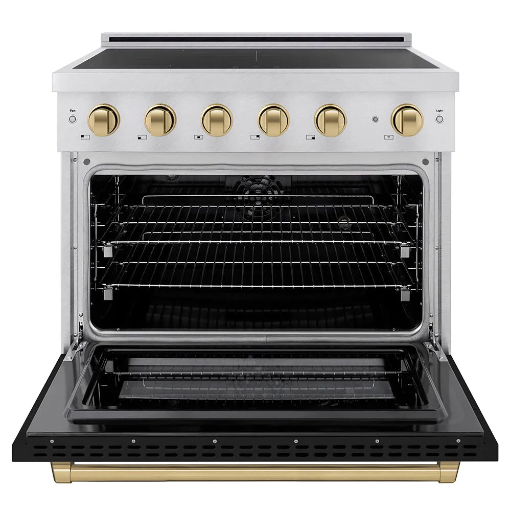 ZLINE Autograph Edition Paramount 36-inch range in satin stainless steel with black matte door and champagne bronze accents SINRSZ-BLM36-CB, front view