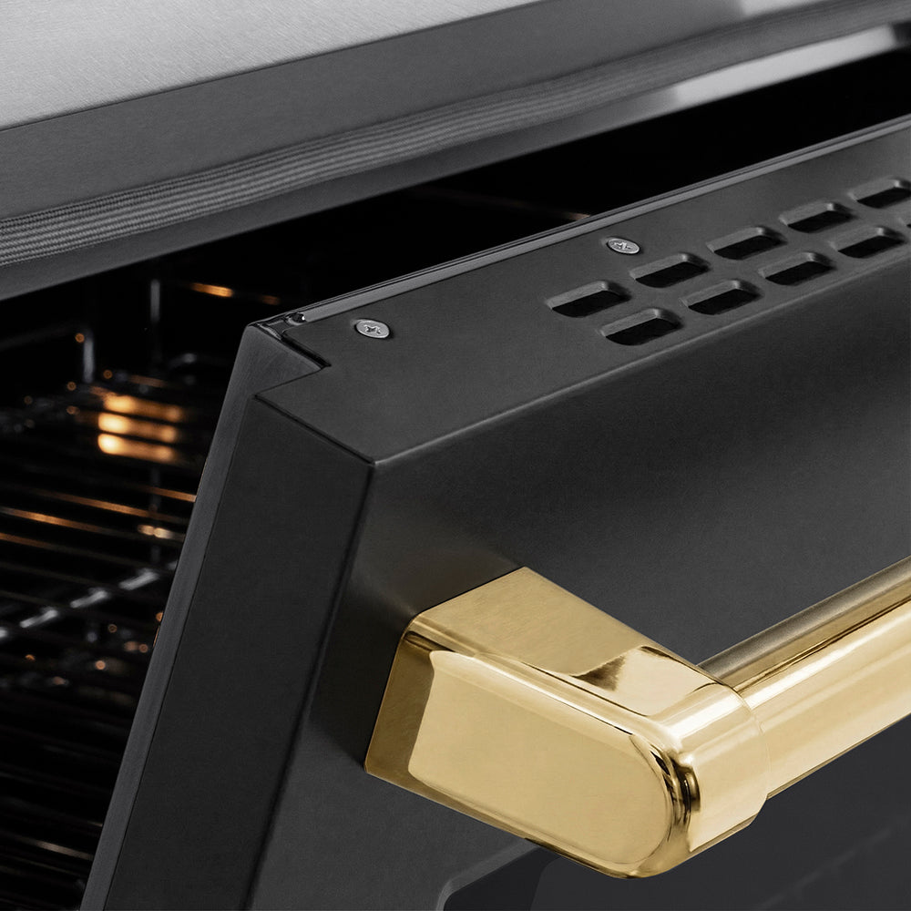 ZLINE Autograph Edition Paramount 36-inch range in satin stainless steel with black matte door and polished gold accents SINRSZ-BLM36-G, detail