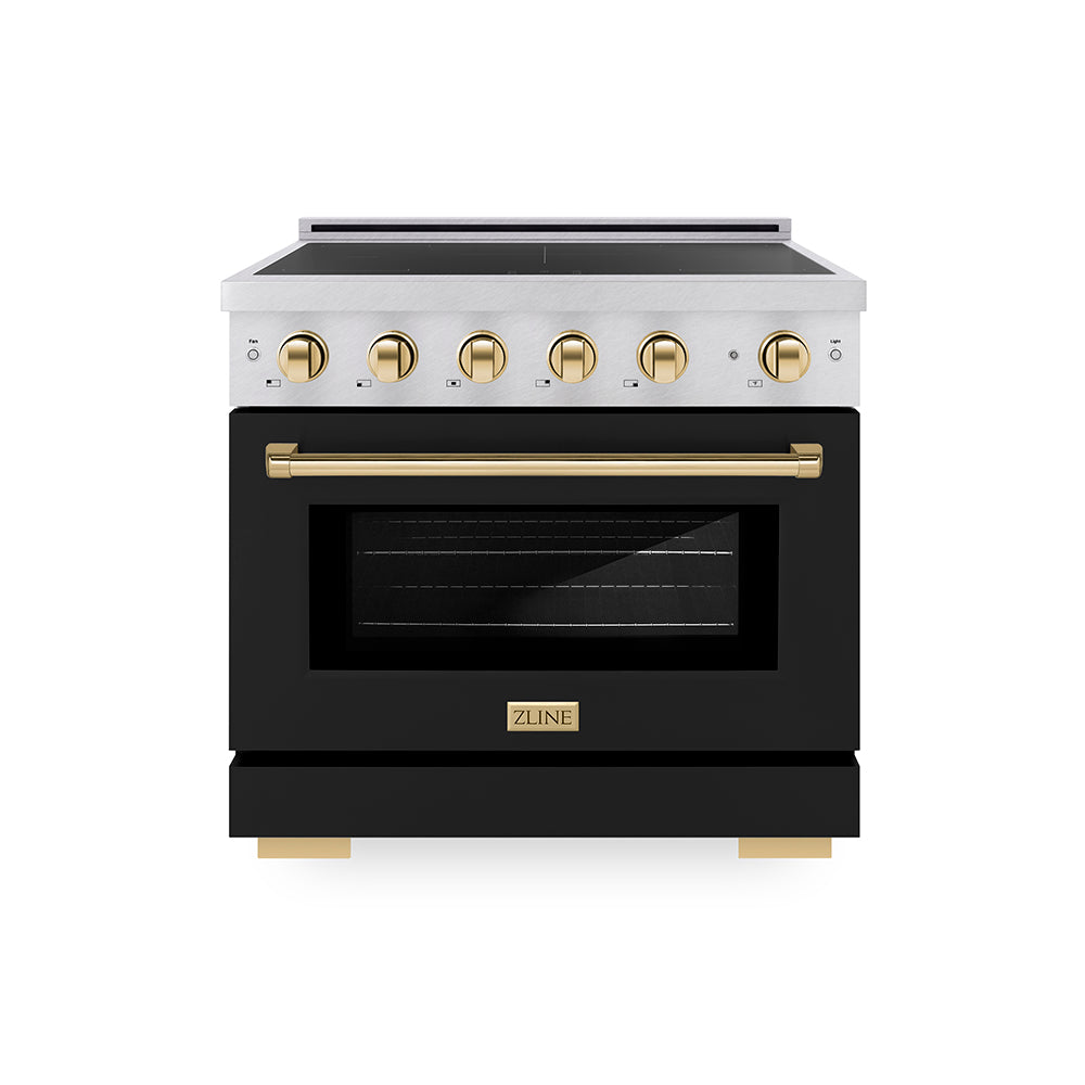 ZLINE Autograph Edition Paramount 36-inch range in satin stainless steel with black matte door and polished gold accents SINRSZ-BLM36-G