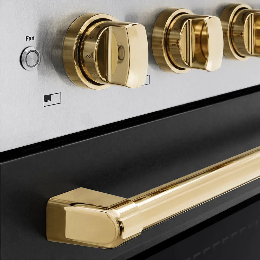 ZLINE Autograph Edition Paramount 36-inch range in satin stainless steel with black matte door and polished gold accents SINRSZ-BLM36-G, detail