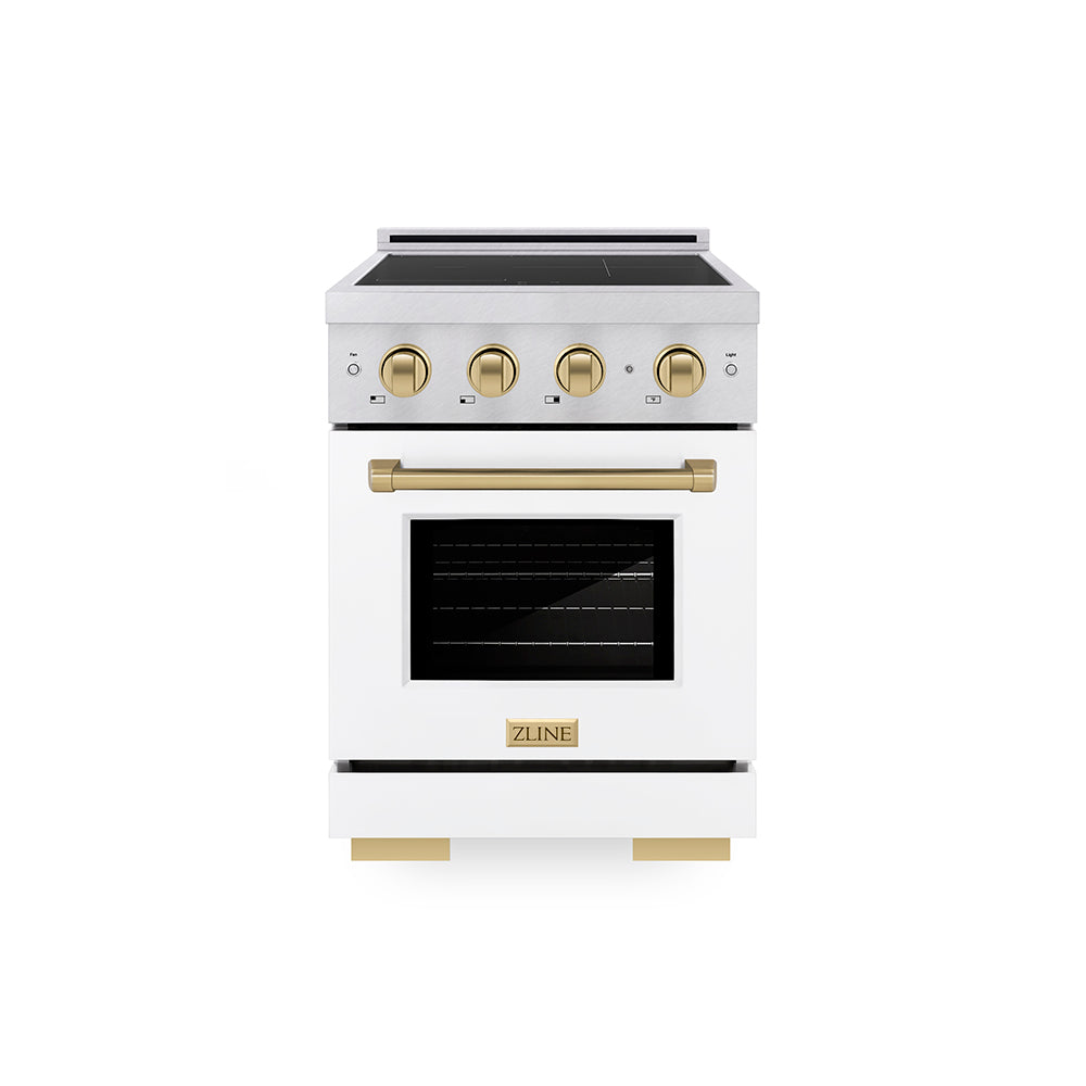 ZLINE Autograph Edition Paramount 24-inch range in satin stainless steel with white matte door and champagne bronze accents SINRSZ-WM-24-CB