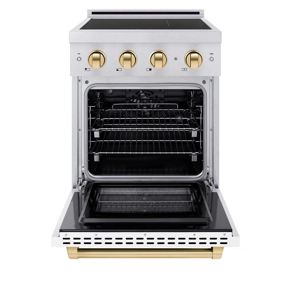 ZLINE Autograph Edition Paramount 24-inch range in satin stainless steel with white matte door and polished gold accents SINRSZ-WM-24-G, front view