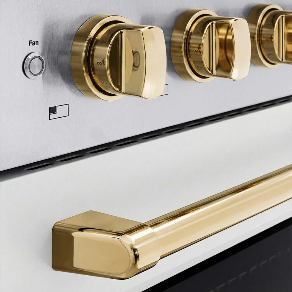 ZLINE Autograph Edition Paramount 24-inch range in satin stainless steel with white matte door and polished gold accents SINRSZ-WM-24-G, detail