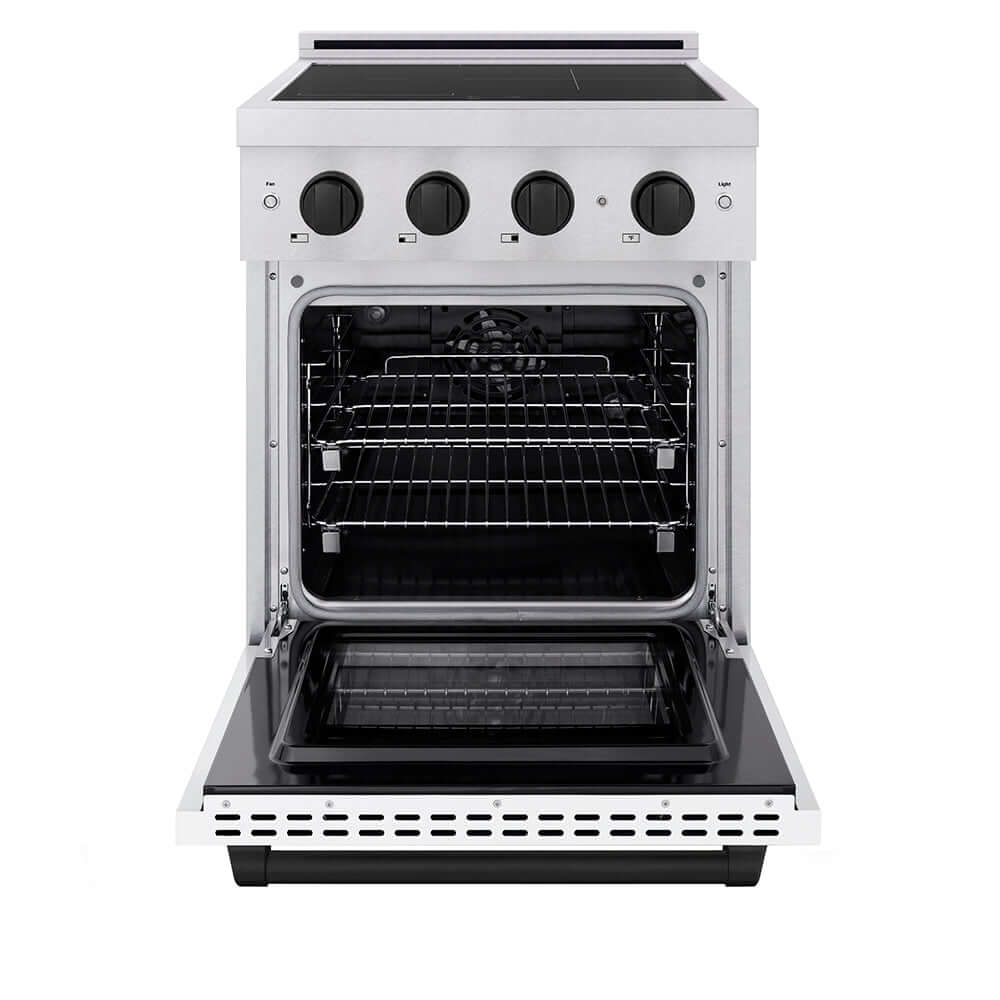 ZLINE Autograph Edition Paramount 24-inch range in satin stainless steel with white matte door and matte black accents SINRSZ-WM-24-MB, front view