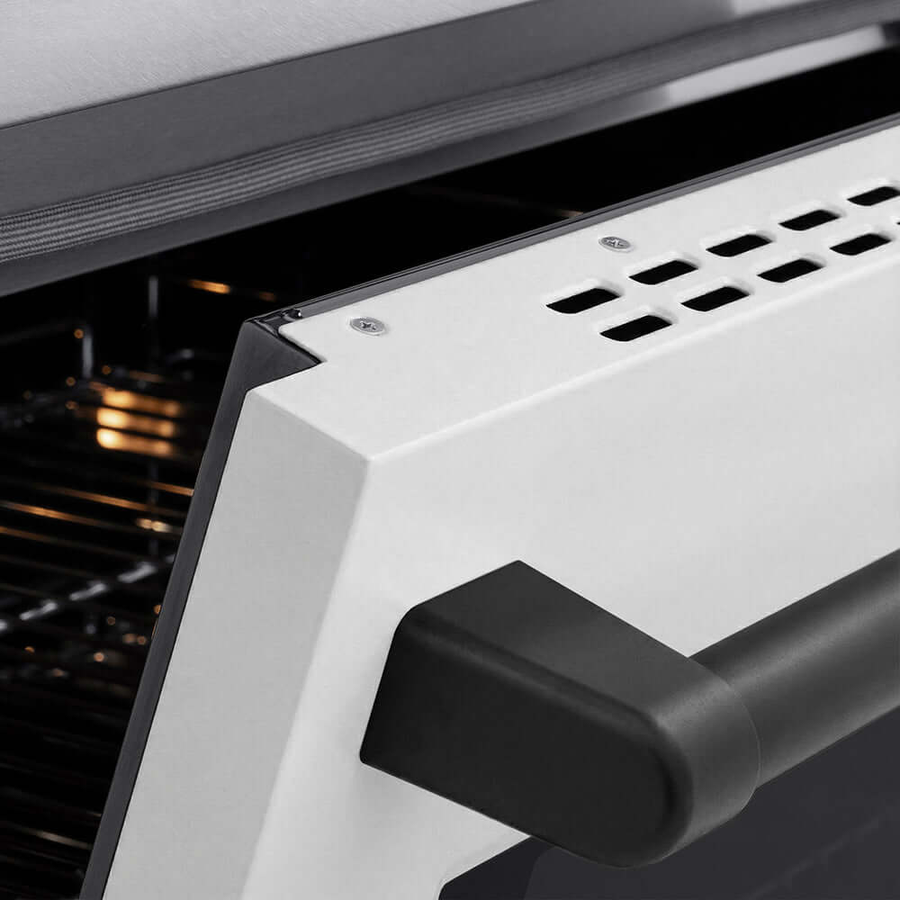 ZLINE Autograph Edition Paramount 24-inch range in satin stainless steel with white matte door and matte black accents SINRSZ-WM-24-MB, detail