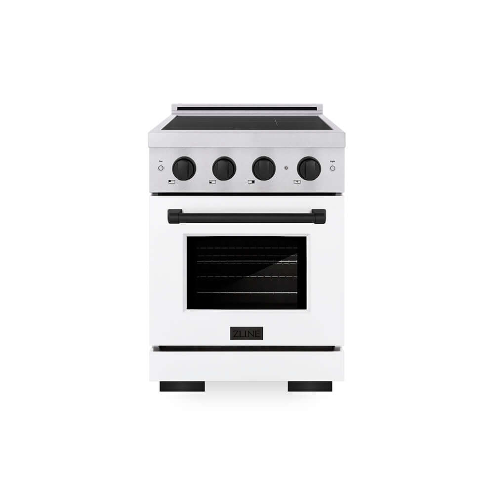 ZLINE Autograph Edition Paramount 24-inch range in satin stainless steel with white matte door and matte black accents SINRSZ-WM-24-MB