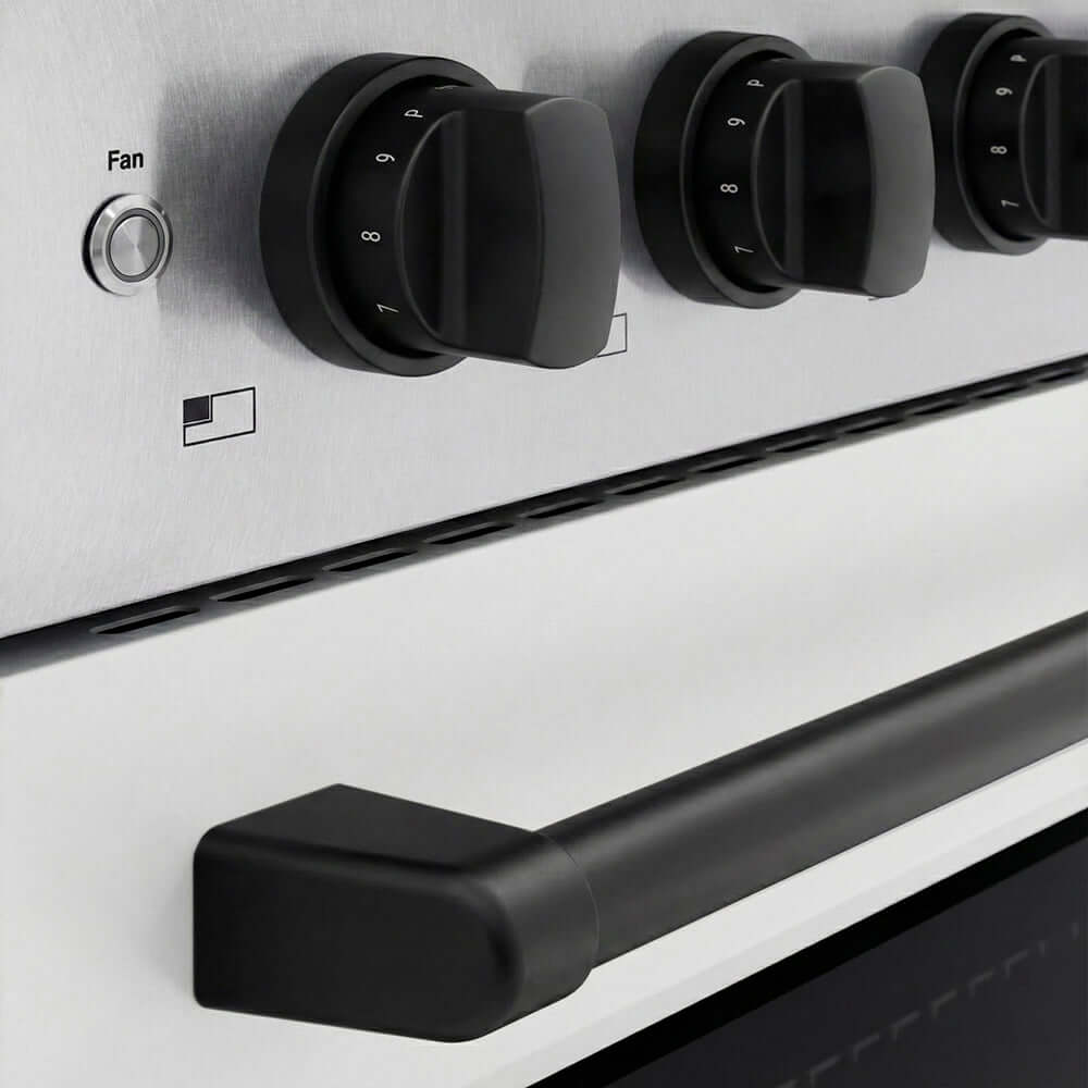 ZLINE Autograph Edition Paramount 24-inch range in satin stainless steel with white matte door and matte black accents SINRSZ-WM-24-MB, detail
