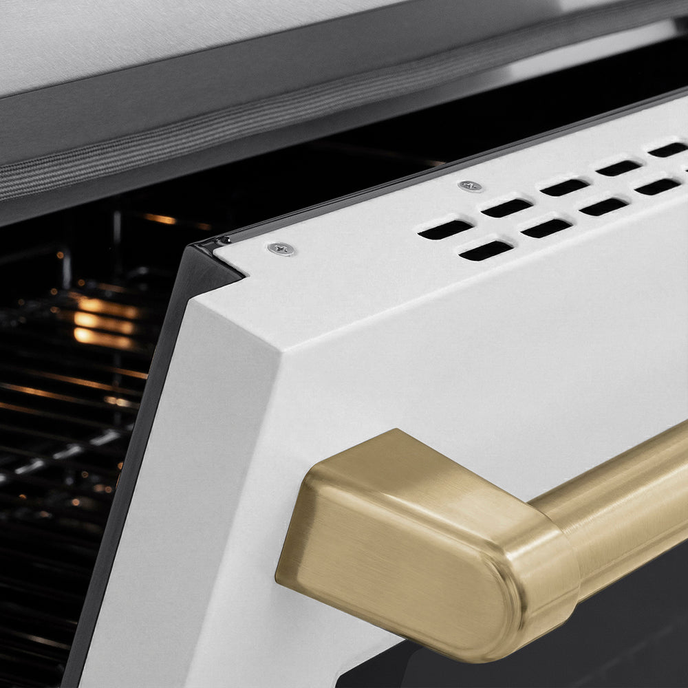 ZLINE Autograph Edition Paramount 30-inch range in satin stainless steel with white matte door and champagne bronze accents SINRSZ-WM-30-CB, detail