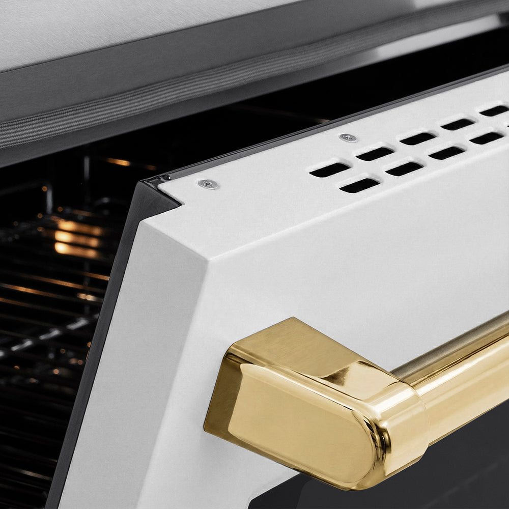 ZLINE Autograph Edition Paramount 30-inch range in satin stainless steel with white matte door and polished gold accents SINRSZ-WM-30-G, detail