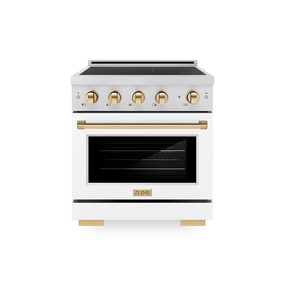 ZLINE Autograph Edition Paramount 30-inch range in satin stainless steel with white matte door and polished gold accents SINRSZ-WM-30-G