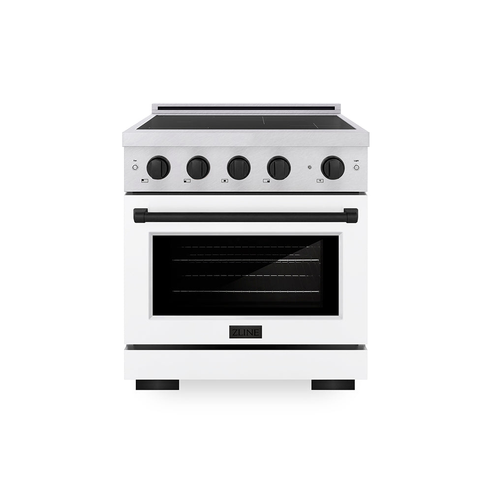 ZLINE Autograph Edition Paramount 30-inch range in satin stainless steel with white matte door and matte black accents SINRSZ-WM-30-MB