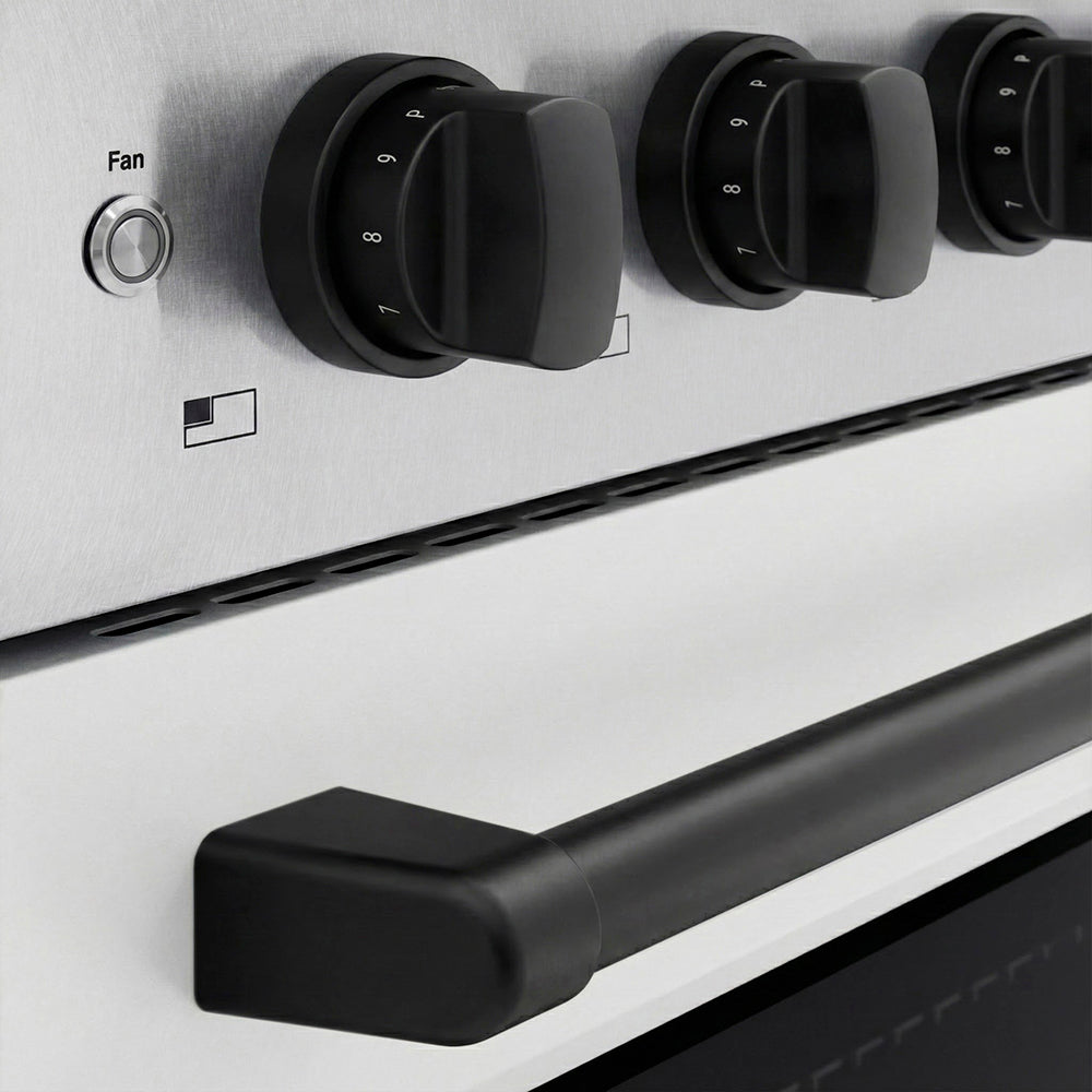 ZLINE Autograph Edition Paramount 30-inch range in satin stainless steel with white matte door and matte black accents SINRSZ-WM-30-MB, detail