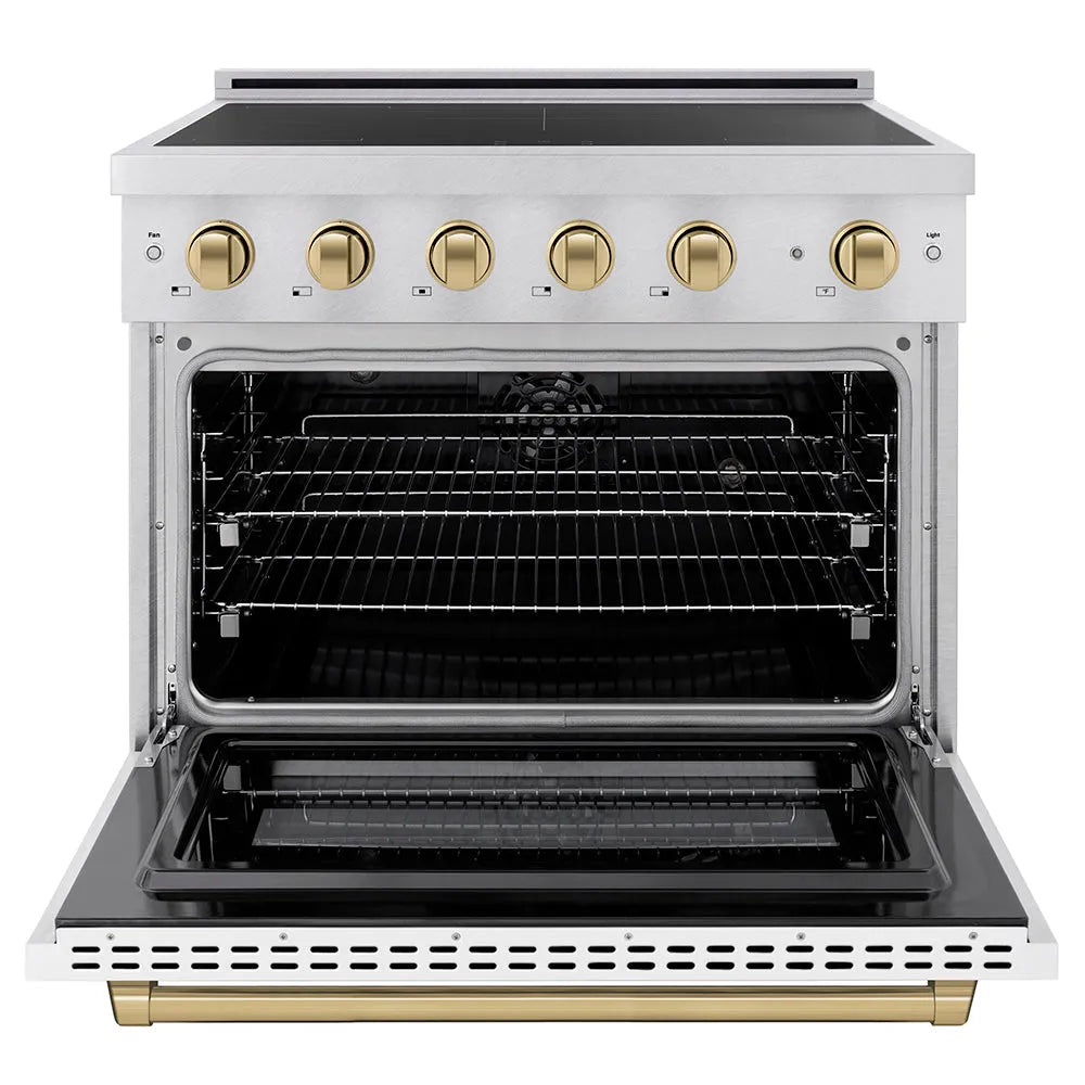 ZLINE Autograph Edition Paramount 36-inch range in satin stainless steel with white matte door and champagne bronze accents SINRSZ-WM-36-CB, front view
