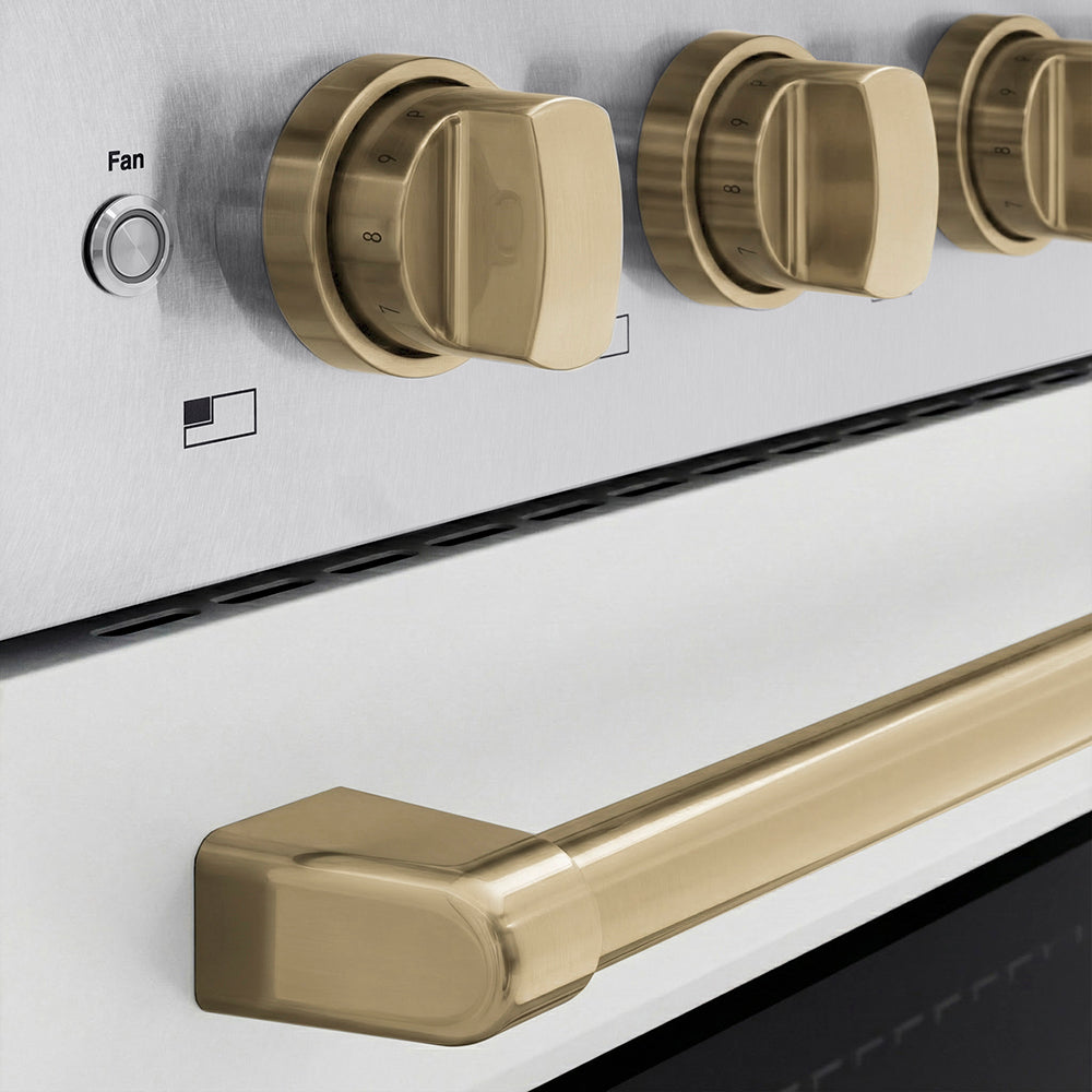 ZLINE Autograph Edition Paramount 36-inch range in satin stainless steel with white matte door and champagne bronze accents SINRSZ-WM-36-CB, detail