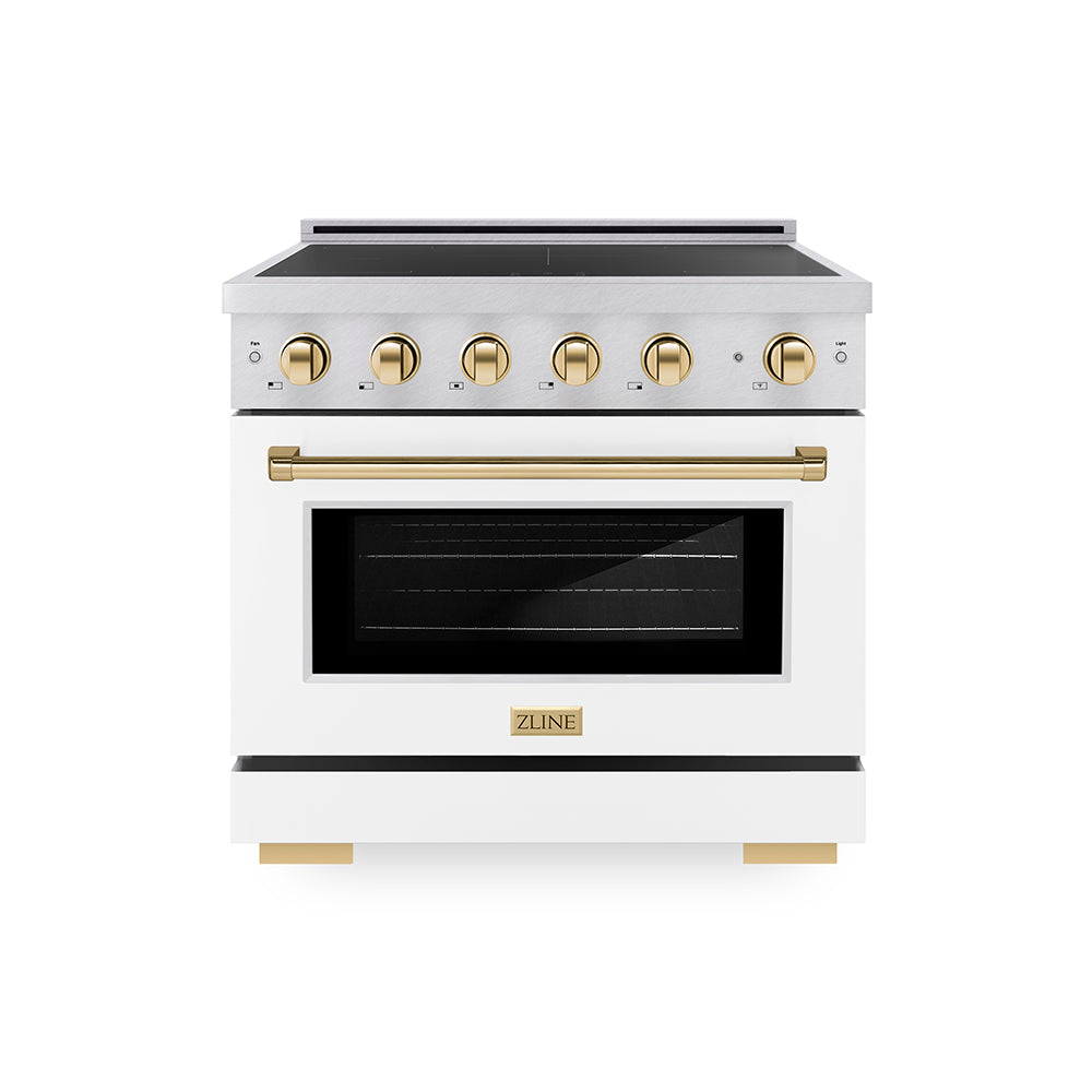 ZLINE Autograph Edition Paramount 36-inch range in satin stainless steel with white matte door and polished gold accents SINRSZ-WM-36-G